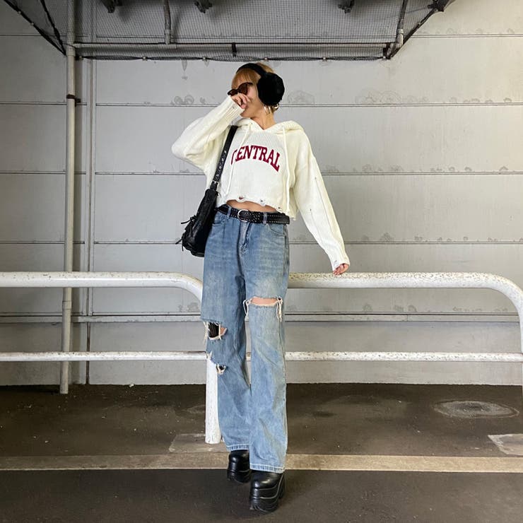 フードロゴダメージショートニットトップス | non-hedge  | 詳細画像12 