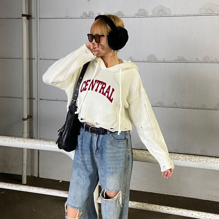 フードロゴダメージショートニットトップス | non-hedge  | 詳細画像13 