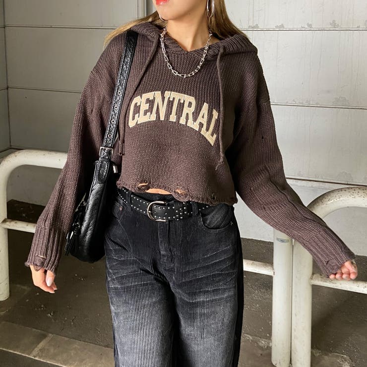 チャコール | フードロゴダメージショートニットトップス | non-hedge 