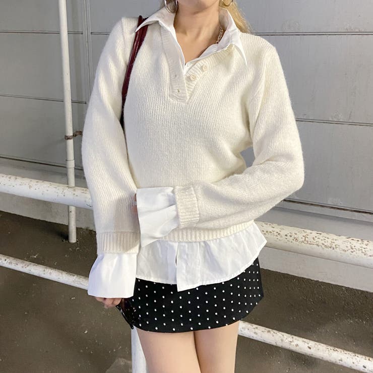 オフホワイト | シャツ見せかけニットチュニック | non-hedge 