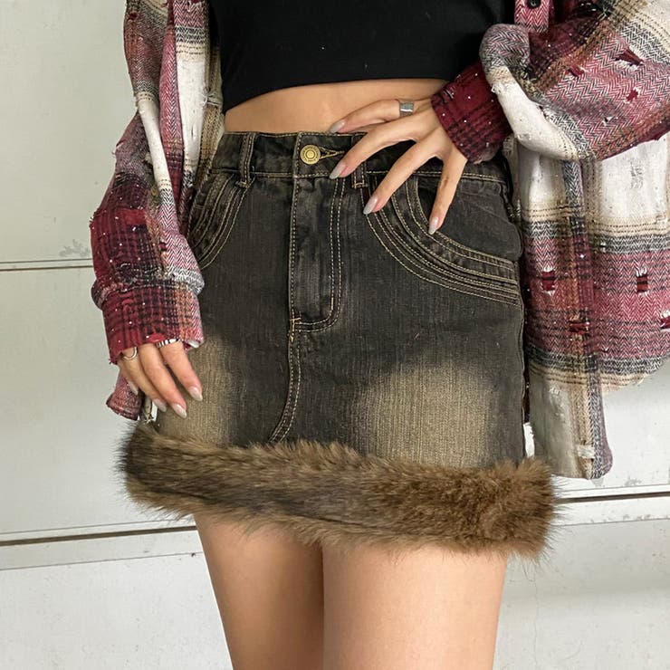 ブラック | ファー切替デニムミニスカート | non-hedge 