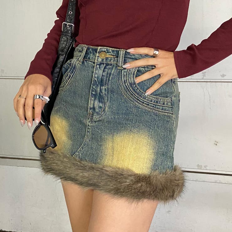 ブルー | ファー切替デニムミニスカート | non-hedge 