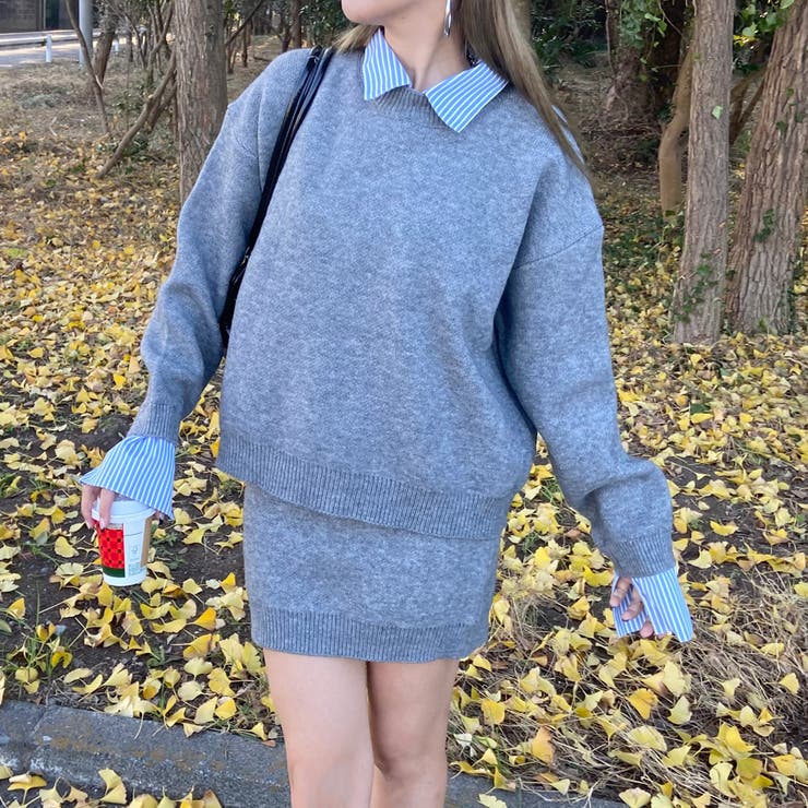 グレー | シャツアンサンブル風ニットトップス・スカートセットアップ | non-hedge 