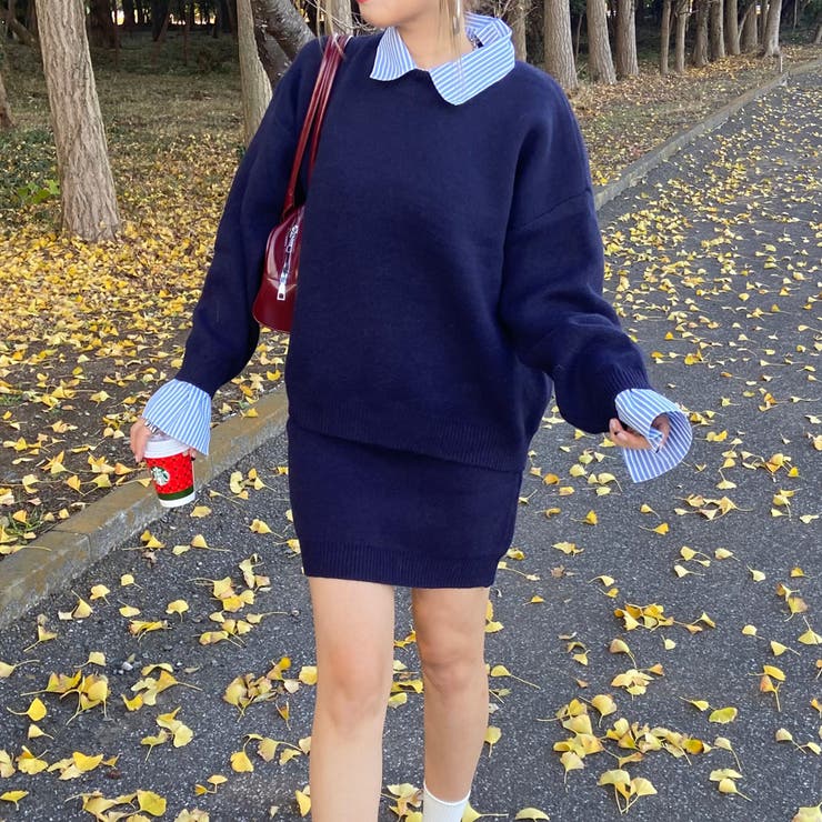 ネイビー | シャツアンサンブル風ニットトップス・スカートセットアップ | non-hedge 