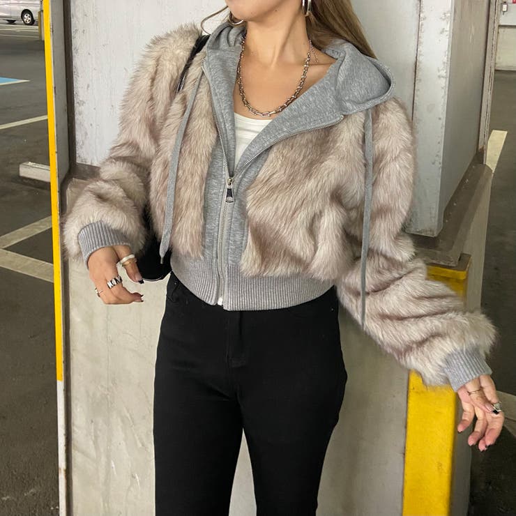 グレイッシュベージュ | パーカーアンサンブル風ファーブルゾン | non-hedge 