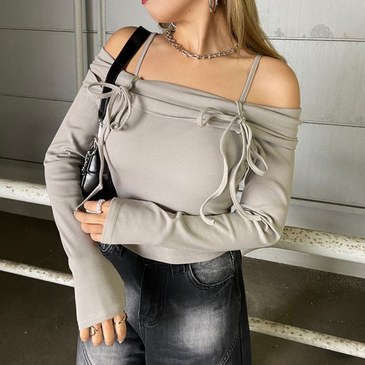 グレイッシュベージュ | リブオフショルダートップス | non-hedge 