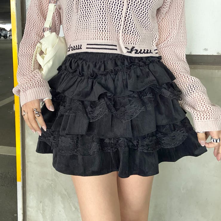 ブラック | レース切替ティアードスカート | non-hedge 