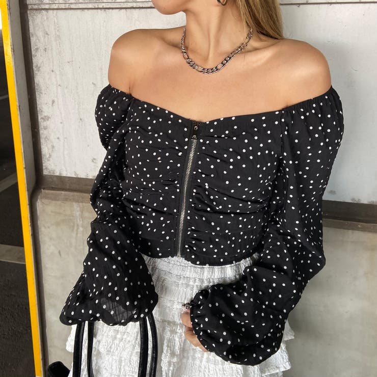 ブラック×ホワイト | オフショルダーZIPトップス | non-hedge 