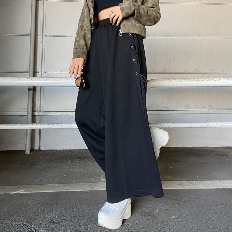 ブラック | サイドレースアップカットワイドパンツ | non-hedge 