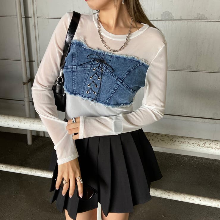 デニムスピンドルベアシアー切替トップス | non-hedge  | 詳細画像12 