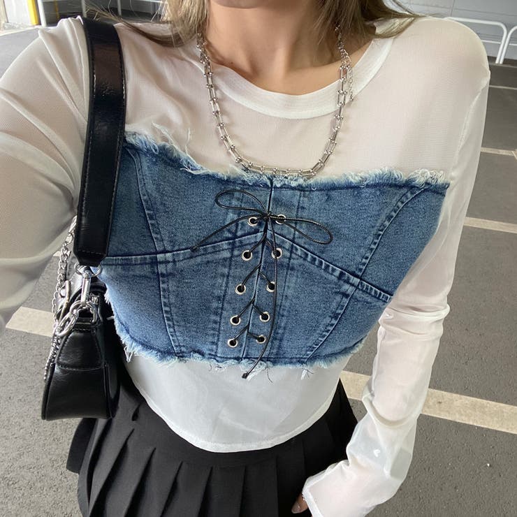 デニムスピンドルベアシアー切替トップス | non-hedge  | 詳細画像15 