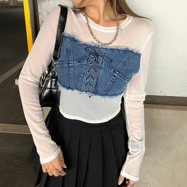 オフホワイト | デニムスピンドルベアシアー切替トップス | non-hedge 