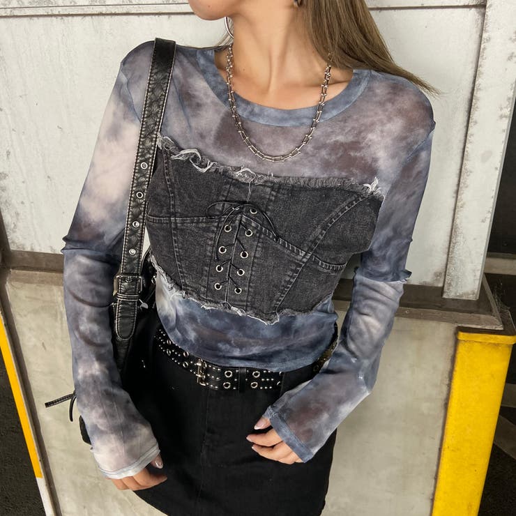 チャコール | デニムスピンドルベアシアー切替トップス | non-hedge 