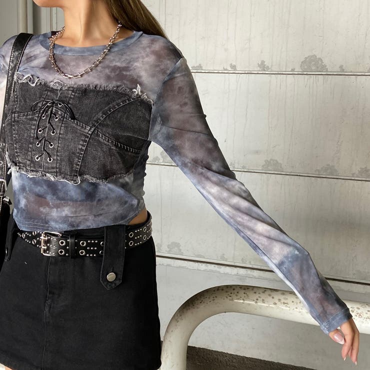 デニムスピンドルベアシアー切替トップス | non-hedge  | 詳細画像30 