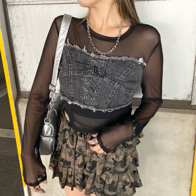 ブラック | デニムスピンドルベアシアー切替トップス | non-hedge 