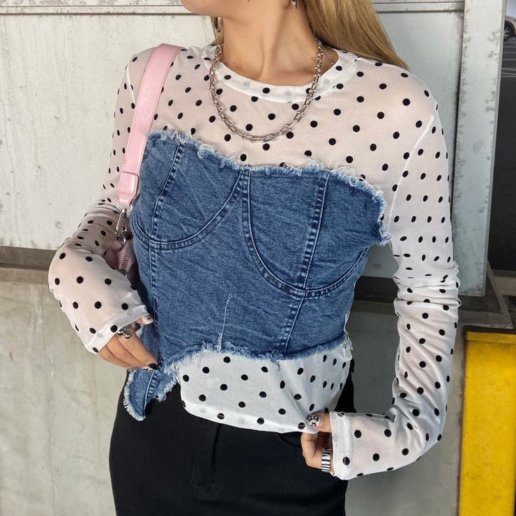 オフホワイト | デニムベアイレギュラーヘムシアー切替トップス | non-hedge 