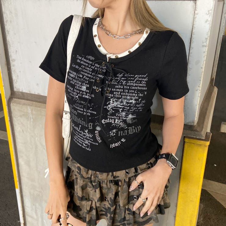 ブラック | アンサンブル風ロゴレースアップTシャツ | non-hedge 