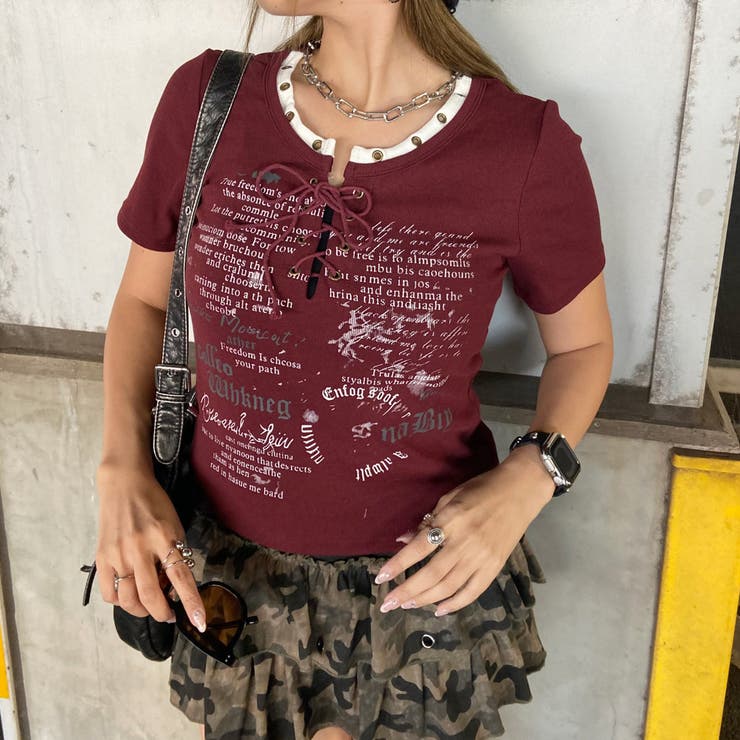 ボルドー | アンサンブル風ロゴレースアップTシャツ | non-hedge 