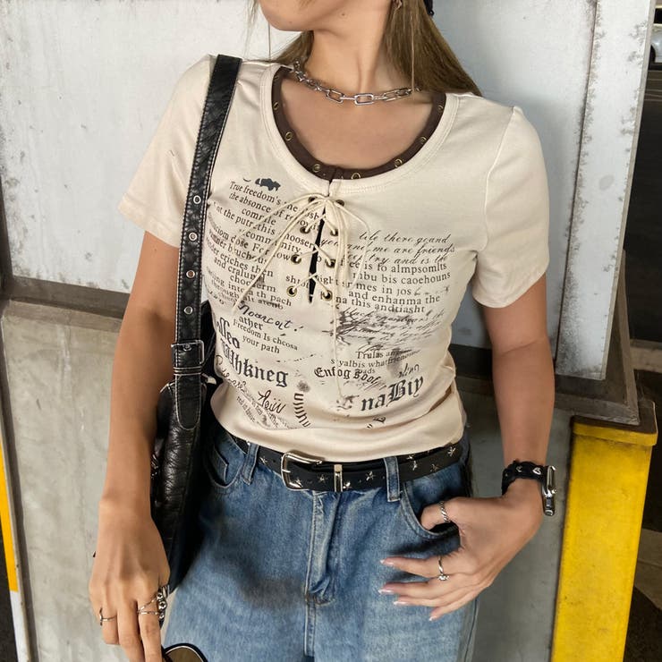 アイボリー | アンサンブル風ロゴレースアップTシャツ | non-hedge 