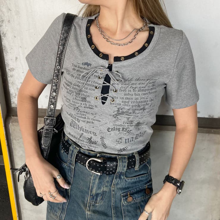 グレー | アンサンブル風ロゴレースアップTシャツ | non-hedge 