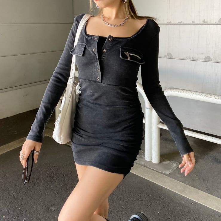 ブラック | ブリーチポケZIPリブミニワンピース | non-hedge 