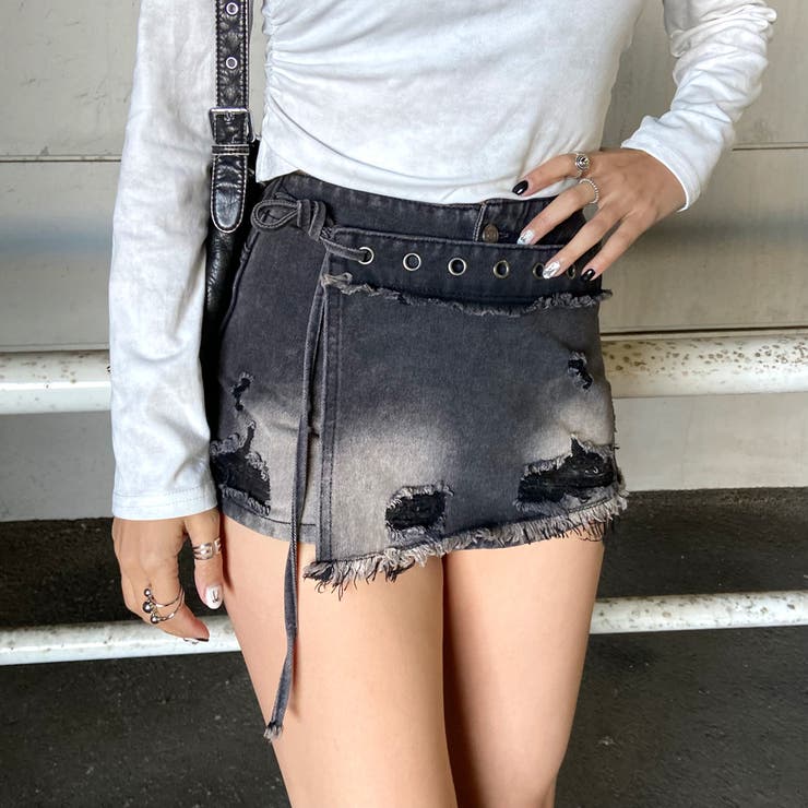 ブラック | ハトメレイヤード風デニムショートパンツ | non-hedge 