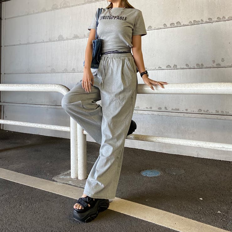 グレー | ウエストロゴワイドパンツ・Tシャツセットアップ | non-hedge 