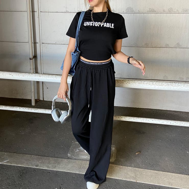 ブラック | ウエストロゴワイドパンツ・Tシャツセットアップ | non-hedge 