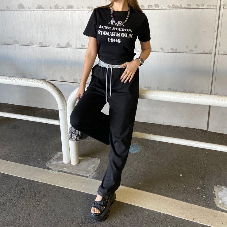 ブラック | ウエスト配色ワイドパンツ・Tシャツセットアップ | non-hedge 