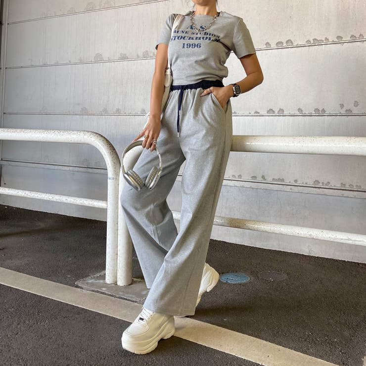 グレー | ウエスト配色ワイドパンツ・Tシャツセットアップ | non-hedge 