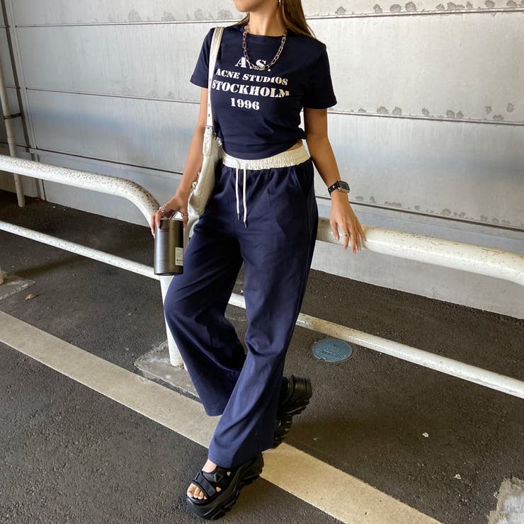 ネイビー | ウエスト配色ワイドパンツ・Tシャツセットアップ | non-hedge 