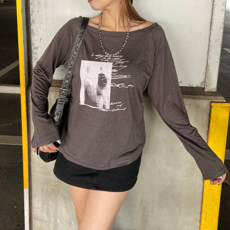 チャコール | オフショルダースラブ転写Tシャツ | non-hedge 