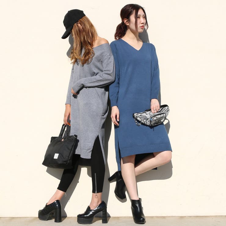 ニットVネックワンピース レディース ロングワンピース[品番