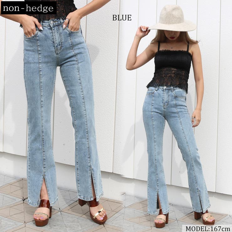 裾スリットデニムフレアパンツ レディース ファッション[品番
