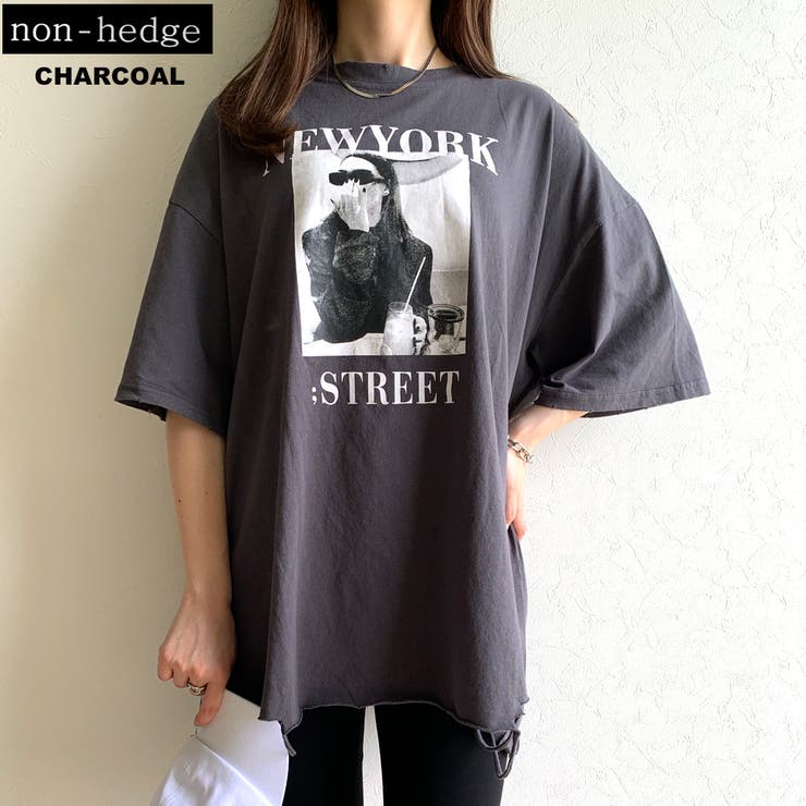 チャコール | ダメージ転写プリントTシャツ レディース ファッション | non-hedge 
