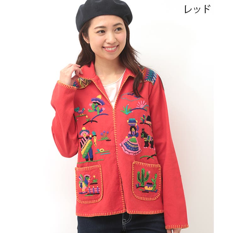 チチカカ　コート　上着　赤　レッド　刺繍　民族　長袖 チチカカコート上着赤レッド刺繍民族長袖