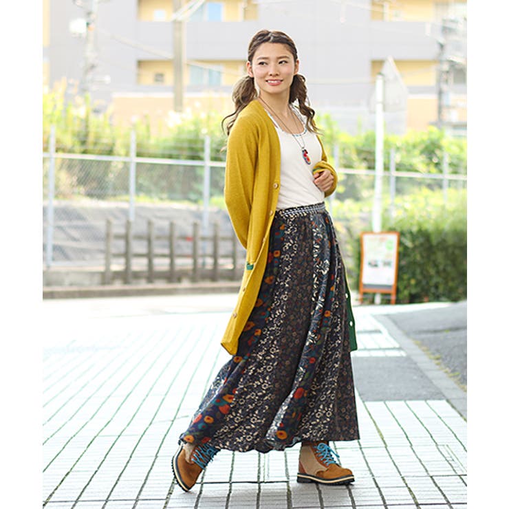 レースパッチワークロングスカート(ペチスカート付)＜大きい