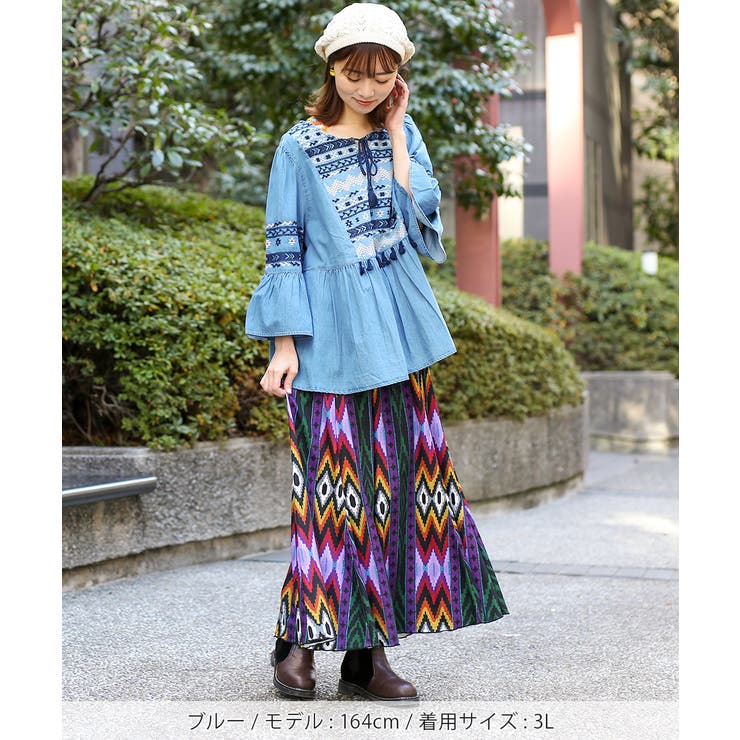アムスゴ刺繍デニムブラウス 大きいサイズ kwica704[品番