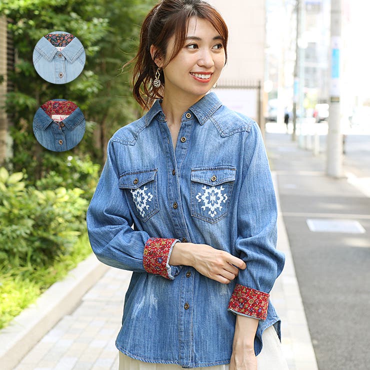 チチカカ 刺繍デニムブラウス 長袖 青 ゆったり可愛い 民族風 シャツ 