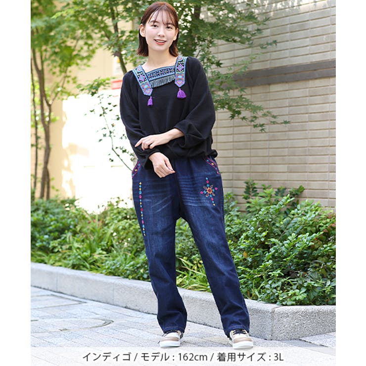 フラワーライン刺繍デニムパンツ大きいサイズ kwjbb733mu