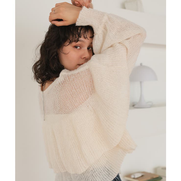 ティアードフリルモヘアライクローゲージニットトップス[品番