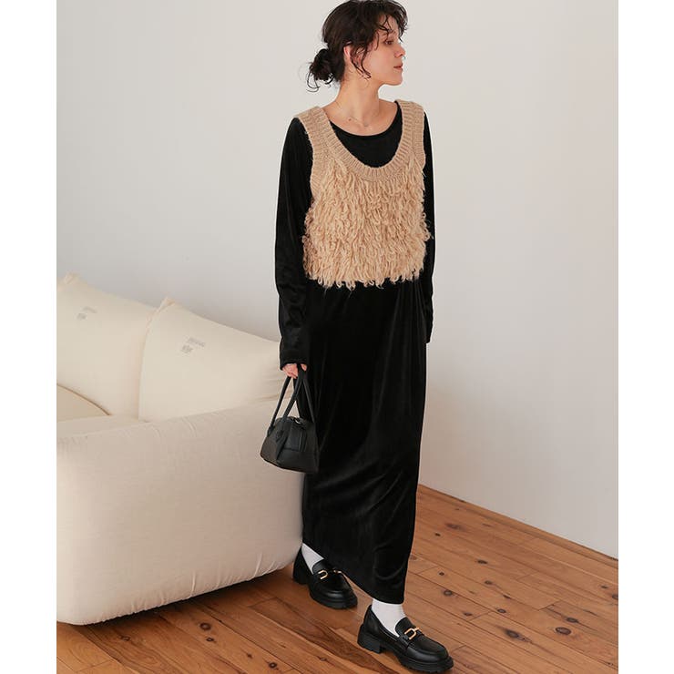 レースロングスリーブベロアドレス（オーシャン) etoll.（エトル） クラッシュベロアランジェリー風ドレス ワンピース