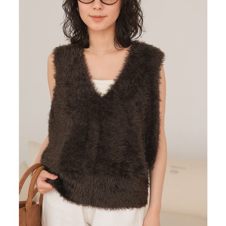 Vネックオーバーサイズシャギーニットベスト | titivate | 詳細画像16 