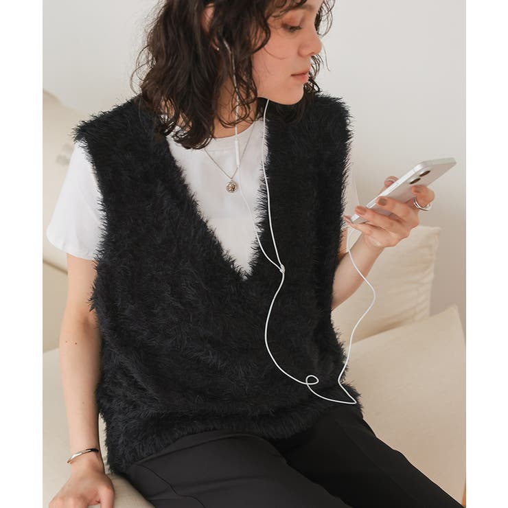 Vネックオーバーサイズシャギーニットベスト | titivate | 詳細画像19 