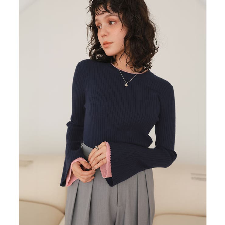 配色シアードッキングフレアスリーブリブニット | titivate | 詳細画像17 