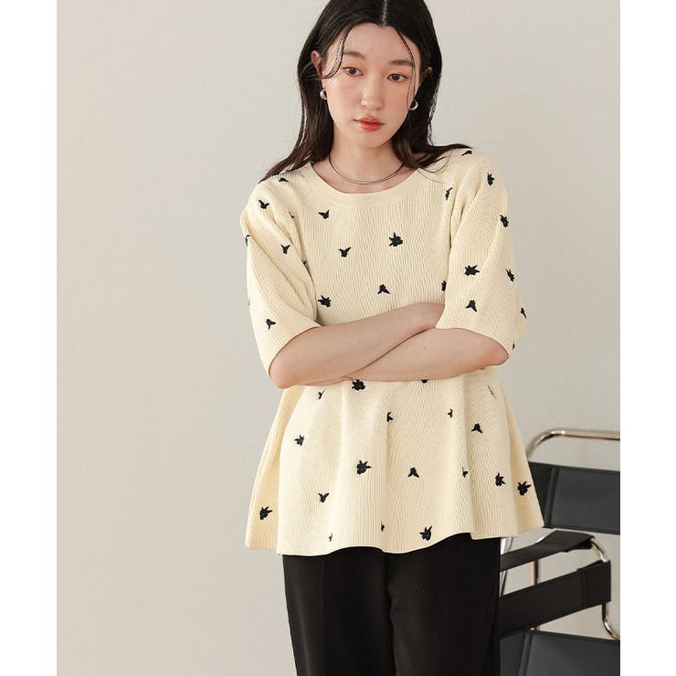 フラワー刺繍ペプラムニットトップス | titivate | 詳細画像10 