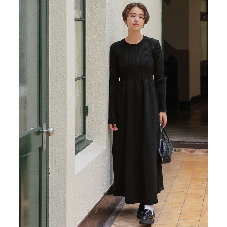 ヘンリーネックデザインニットワンピース[品番：TV000018191