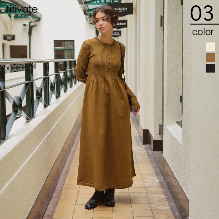 ヘンリーネックデザインニットワンピース[品番：TV000018191