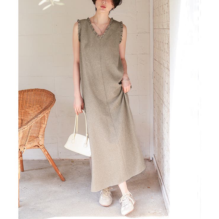 リネンライクVネックフリルデザインノースリーブワンピース | titivate | 詳細画像13 