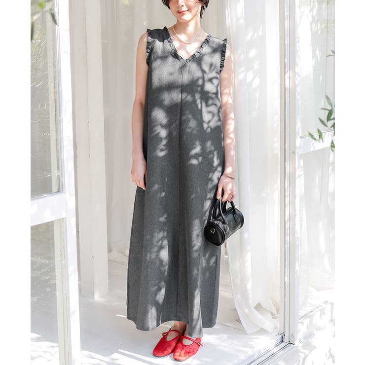 リネンライクVネックフリルデザインノースリーブワンピース | titivate | 詳細画像15 